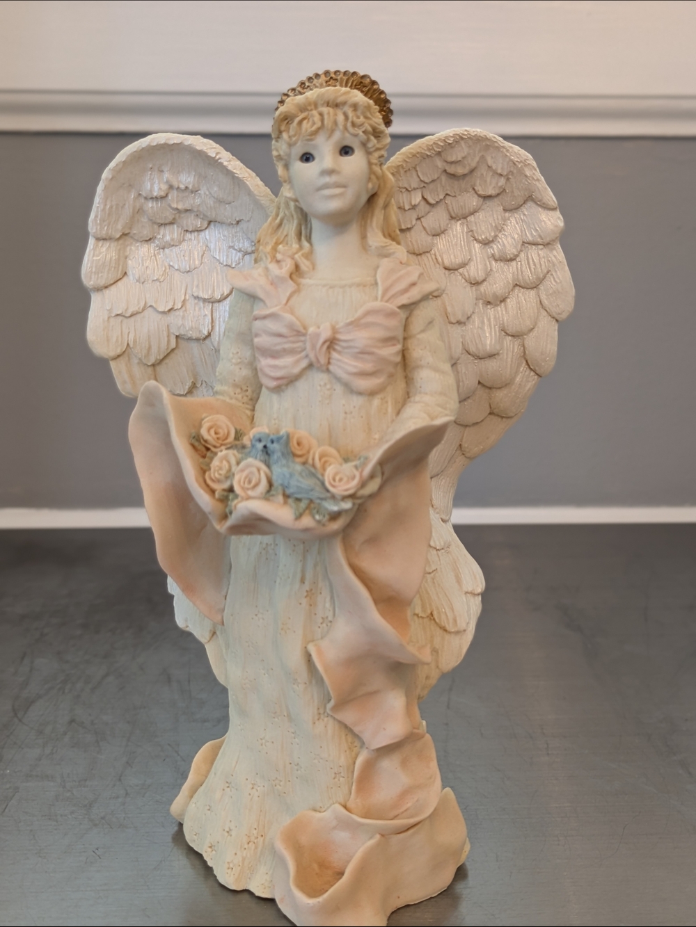 Decorative Cream and Blush Angel Figurine with Blue Bird Accent